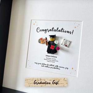 Könnte beinhalten: Ein gerahmtes Abschlussgeschenk mit einer Lego-Figur, die Kunstutensilien und Blumen hält. Der Text lautet "Herzlichen Glückwunsch!" und enthält die Details des Absolventen. Ein Holzschild unten sagt "Abschlussgeschenk".