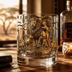 Vaso de whisky de lujo con familia de leones dorados, grabado "El mejor papá del mundo", regalo para el Día del Padre, artículos de bar únicos para hombres, cristalería de primera calidad.