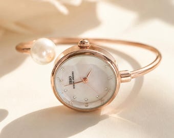 Pärlarmbandsklocka för kvinnor, minimalistisk klocka i roséguld, elegant armbandsur, lyxig smyckesklocka, brudtärnepresent till henne