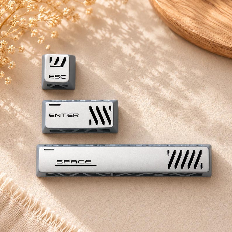 May include: Three mechanical keyboard keycaps in grey and silver. The square ESC key, rectangular ENTER key, and long SPACE bar feature black text, a horizontal line, and a series of diagonal black slats on the right side of each keycap.
