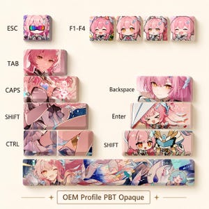 May include: A set of mechanical keyboard keycaps featuring anime-style illustrations of a character with pink hair. The keys include various sizes and shapes, displaying colorful character art, and a bottom label reading OEM Profile PBT Opaque.
