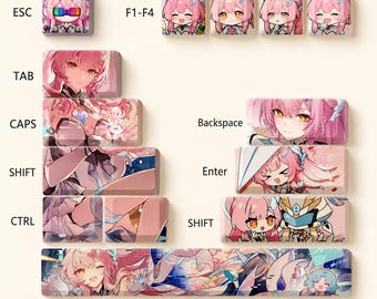 May include: A set of mechanical keyboard keycaps featuring anime-style illustrations of a character with pink hair. The keys include various sizes and shapes, displaying colorful character art, and a bottom label reading OEM Profile PBT Opaque.