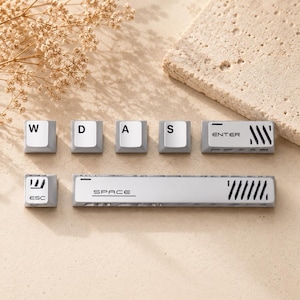 May include: A set of light grey mechanical keyboard keycaps including W, D, A, S, ESC, ENTER, and a long SPACE bar. The keys feature black lettering and decorative diagonal line patterns. The ENTER and SPACE keys have specific text labels.
