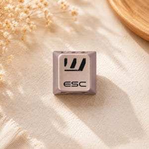 May include: A square, metallic, light-brown mechanical keyboard keycap featuring a black graphic icon of three vertical bars and the text ESC printed in black on the front face. The keycap has a smooth, matte finish and a standard square shape.