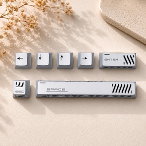 May include: A set of grey and white mechanical keyboard keycaps including arrow keys, an Enter key, an Esc key, and a Space bar. The keys feature black printed text and symbols, with the Space bar and Enter key displaying diagonal line patterns.