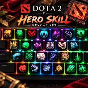 May include: A mechanical keyboard featuring a Dota 2 Hero Skill keycap set with backlit, black keys displaying various glowing, colorful icons. The text DOTA 2 HERO SKILL KEYCAP SET is visible at the top, along with a glowing red logo.