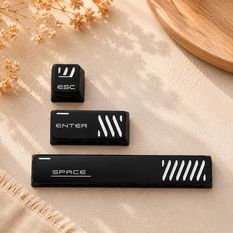 May include: Three black mechanical keyboard keycaps featuring white text and graphic accents. The set includes a square ESC key, a rectangular ENTER key, and a long SPACE bar. Each keycap displays its respective function name and white diagonal stripes.