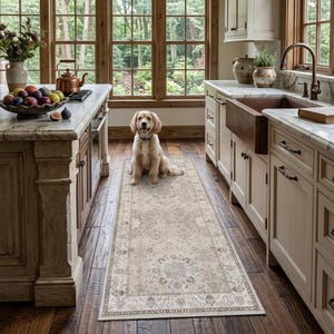 May include: A long, rectangular runner rug featuring a beige and cream color palette with intricate, faded floral and medallion patterns. The rug is positioned on a dark wood floor in a kitchen, extending between two rows of cabinetry and a dog.