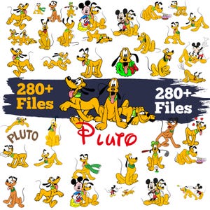 Könnte beinhalten: Eine Sammlung von Pluto-Cartoon-Charakter-Illustrationen in verschiedenen Posen. Die Bilder zeigen Pluto in Gelb, mit schwarzen Ohren und einem schwarzen Halsband. Einige Bilder enthalten Micky Maus. Der Text "280+ Files" und "Pluto" sind ebenfalls vorhanden.