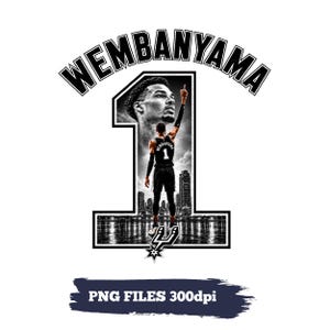 Könnte beinhalten: Ein Grafikdesign mit dem Namen WEMBANYAMA in schwarzer, gebogener Schrift über einer großen Zahl 1. In der Zahl befindet sich ein schwarz-weißes Bild eines Basketballspielers mit der Trikotnummer 1, der vor einer Skyline nach oben zeigt.