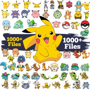 Könnte beinhalten: Eine Sammlung farbenfroher Zeichentrickfiguren, darunter Pikachu, mit dem Text "1000+ Files". Die Charaktere sind in verschiedenen Posen und Designs mit einer Vielzahl von Farben dargestellt. Das Gesamtthema bezieht sich auf eine beliebte Zeichentrickserie.
