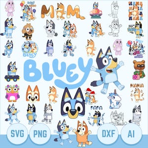 May include: A collection of Bluey character illustrations featuring various poses of Bluey and Bingo, including text elements like 'MOM', 'DAD', 'MAMA', 'PAPA', 'BLUEY', and file format labels 'SVG', 'PNG', 'DXF', and 'AI' in a light blue and orange color palette.