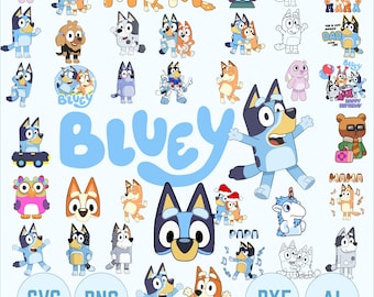 Bundel met meer dan 999 blauwe honden in PNG- en SVG-formaat + bonuslettertype, Bluey Dog Bingo clipartbundel met originele ontwerpen voor verjaardagsknutselwerkjes, kleurplaten en prints.