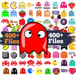 May include: A collection of colorful pixel art characters and icons, including Pac-Man, ghosts, and various game-related elements. The image features the text "400+ Files" on a dark blue background, suggesting a digital asset pack.