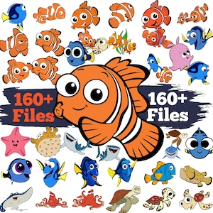 Può includere: Una collezione di creature marine dei cartoni animati, tra cui pesci pagliaccio, pesci chirurgo blu e stelle marine. L'immagine presenta un grande pesce pagliaccio arancione con il testo "160+ Files" su uno sfondo blu scuro. Le illustrazioni sono colorate e giocose.