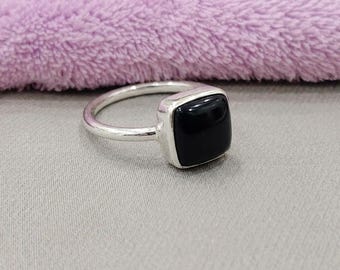 Black Onyx Sterling Silver Ring, Handmade Minimalist Gemstone Ring, Square Cabochon Statement Ring, Elegant Boho Jewelry Gift