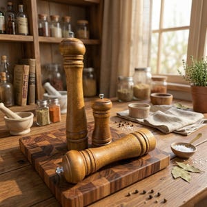 May include: Three wooden pepper grinders, one lying down, sit on a wooden cutting board. A small bowl of salt, bay leaves, and peppercorns are also on the wooden table. The background includes jars of spices and a window.