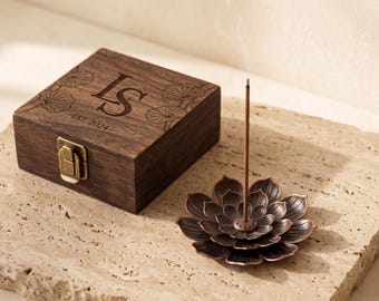 Porte-encens Lotus personnalisé avec boîte en bois personnalisée attrape-cendres en métal, brûleur d'encens, cadeau de méditation, décoration de yoga spirituel