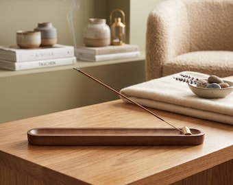 Porta incienso minimalista de madera con inserto de latón / Cenicero largo compatible con todas las varitas de incienso / Decoración zen para el hogar / Regalo de meditación