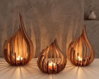 Wooden Tealight Candle Holder Lotus Flame Lantern Centerpiece Aesthetic Boho Home Decor Housewarming Gift Mid Century Modern Candle Stand