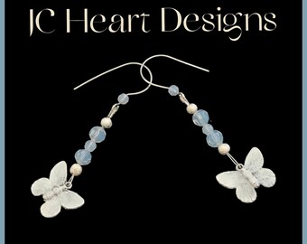 Cabbage white butterfly earrings with crystals on sterling silver hooks. Women’s springtime dangle earrings.