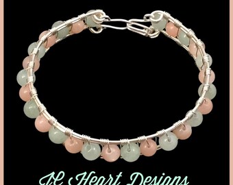 Sunstone & Green Aventurine Bracelet, women’s silver wire wrapped bangle, peach spring green pastels, Christmas gift daughter