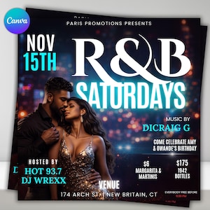 May include: A promotional flyer for R&B Saturdays, featuring a couple embracing. The flyer is predominantly black with teal and white text, including "R&B Saturdays," "Nov 15th," and venue details. The flyer also includes the text "Hosted by Hot 93.7 DJ Wrexx."