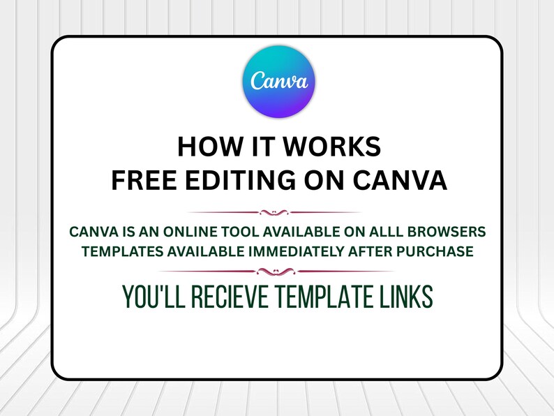 Op de afbeelding: Een rechthoekige informatieve afbeelding met een witte achtergrond en een zwarte rand. Bovenaan staat het Canva-logo, gevolgd door de tekst: HOW IT WORKS, FREE EDITING ON CANVA, CANVA IS AN ONLINE TOOL AVAILABLE ON ALL BROWSERS, TEMPLATES AVAILABLE IMMEDIATELY AFTER PURCHASE, YOU'LL RECIEVE TEMPLATE LINKS.