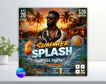 Summer Splash Pool Party-flyer, uitnodiging DJ Beach-evenement (digitale download)
