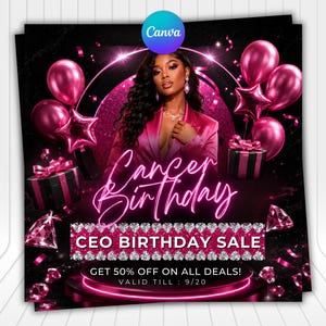 Op de afbeelding: Een promotionele afbeelding met een persoon in een roze blazer, omringd door roze ballonnen, cadeaus en diamantafbeeldingen. De tekst luidt Cancer Birthday, CEO BIRTHDAY SALE, GET 50% OFF ON ALL DEALS! en VALID TILL : 9/20.