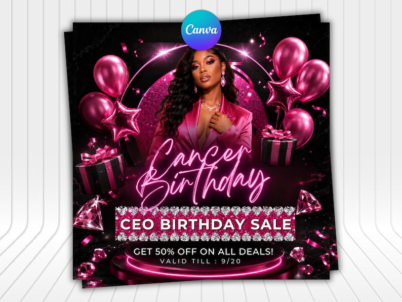 Op de afbeelding: Een promotionele afbeelding met een persoon in een roze blazer, omringd door roze ballonnen, cadeaus en diamantafbeeldingen. De tekst luidt Cancer Birthday, CEO BIRTHDAY SALE, GET 50% OFF ON ALL DEALS! en VALID TILL : 9/20.