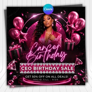 Op de afbeelding: Een promotionele afbeelding met een persoon in een roze blazer, omringd door roze ballonnen, cadeaus en diamantafbeeldingen. De tekst luidt Cancer Birthday, CEO BIRTHDAY SALE, GET 50% OFF ON ALL DEALS! en VALID TILL : 9/20.