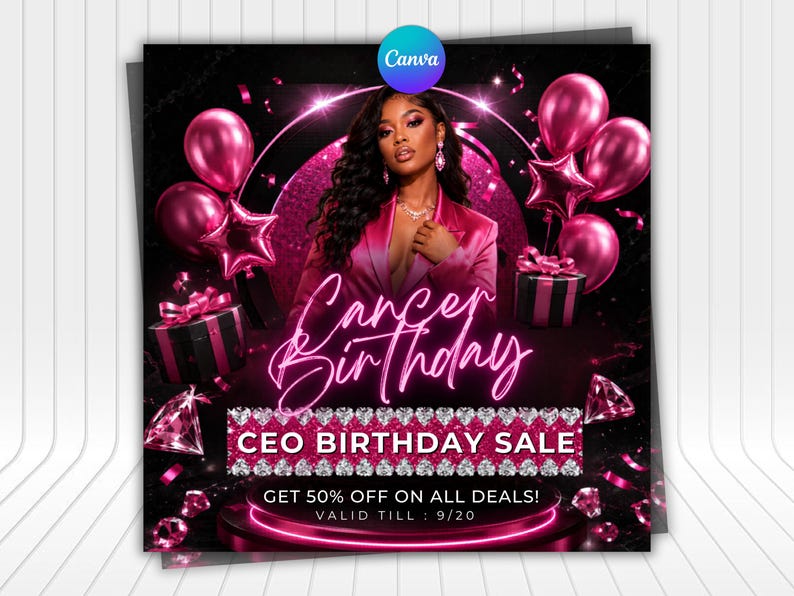 Op de afbeelding: Een promotionele afbeelding met een persoon in een roze blazer, omringd door roze ballonnen, cadeaus en diamantafbeeldingen. De tekst luidt Cancer Birthday, CEO BIRTHDAY SALE, GET 50% OFF ON ALL DEALS! en VALID TILL : 9/20.