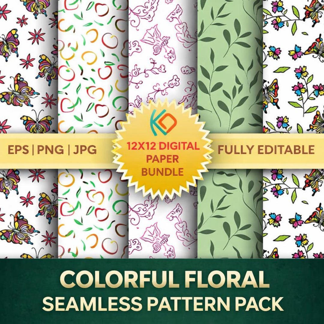 Colorful Floral Seamless Pattern Pack 12x12 Digital Paper Bundle EPS ...