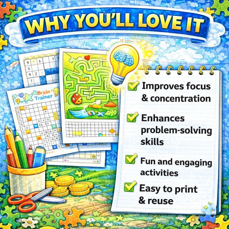 May include: A colorful image promoting brain-training activities. It features puzzle sheets, a notepad with bullet points, pencils, scissors, and coins. The text reads "WHY YOU'LL LOVE IT" and highlights benefits like improved focus and problem-solving skills.