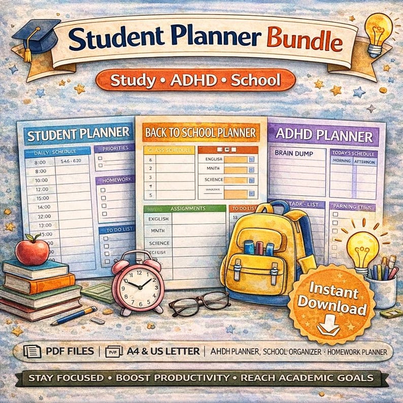 Student Planner Bundle Printable | Study Planner, ADHD Planner & Back ...