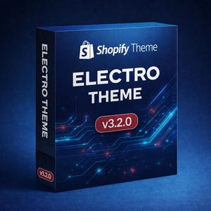 May include: A dark blue box featuring the text "Shopify Theme" and "ELECTRO THEME" in white. The version number "v3.2.0" is displayed in a red circle. The box has a circuit board design with blue and red lines.