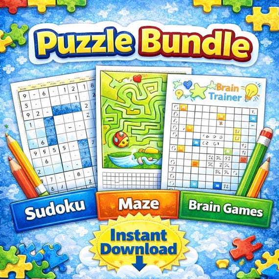 Puzzle Bundle Printable | Sudoku Maze Worksheets for Kids & Adults | Brain Games Activity Pack PDF Instant Download