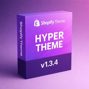 Puede incluir: Una caja de tema Shopify morada y morada oscura con el texto "Shopify Theme" y "HYPER THEME" en blanco. El número de versión "v1.3.4" también se muestra en blanco. El logotipo de Shopify está en la parte superior.