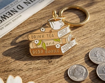 Tea and Books Keychain Cute Cozy Reading Charm Kawaii Book Lover Keyring Aesthetic Gift Bag Accessory