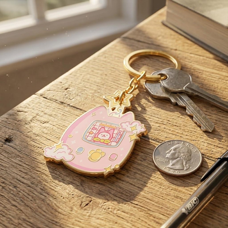 Cute Cat Tamagotchi Keychain, Retro 90s Virtual Pet Keyring, Kawaii Gamer Bag Charm, Nostalgic Cyber Pet Accessory, Cat Lover Gift image 1