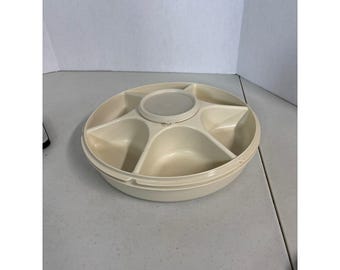 Tupperware Jeal-Ette Serving Tray Vintage Almond 1665 Center Dip Bowl Lid USA