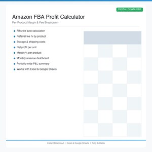 May include: A digital download titled "Amazon FBA Profit Calculator." The white background features a blue header and a list of features, including FBA fee auto-calculation and monthly revenue dashboard. The text "DIGITAL DOWNLOAD" is in a green box. The bottom text says "Instant Download | Excel & Google Sheets | Fully Editable."
