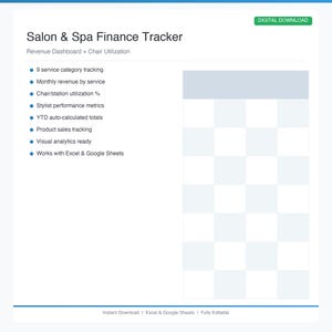 May include: A digital download titled "Salon & Spa Finance Tracker." The white document features a blue header and a list of features, including service category tracking, revenue analysis, and stylist performance metrics. The document is designed for use with Excel and Google Sheets.