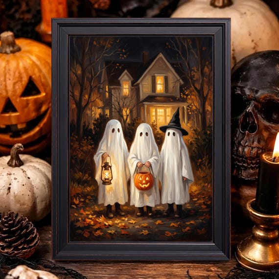 Trick or Treat Ghosts Print, Vintage Halloween Wall Art, Cute Ghost Trio Poster, Spooky Autumn Decor