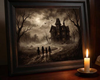 Lámina vintage de truco o trato, arte mural de casa embrujada de Halloween, póster infantil de mansión embrujada, decoración estilo academia oscura