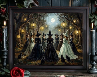 Lámina vintage de reunión de aquelarre de brujas en el bosque con luna llena – Arte de pared de Halloween con temática de brujas y gatos negros