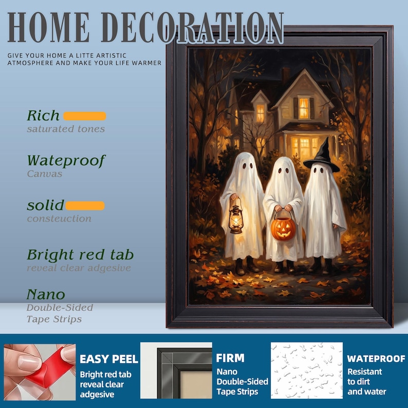 Puede incluir: Una impresi&oacute;n art&iacute;stica enmarcada con tres figuras en disfraces de fantasma blancos frente a una casa de noche. Un fantasma sostiene una linterna encendida, otro una calabaza. El texto dice HOME DECORATION, Rich, Waterproof, solid, Bright red tab, Nano.