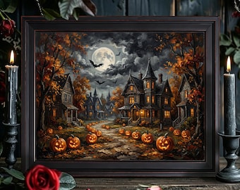 Lámina vintage de Halloween con diseño de pueblo embrujado / Luna llena, decoración de pared de la mansión Jack O' Lantern