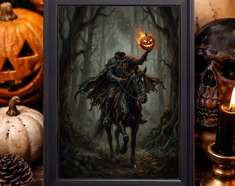 Lámina vintage de Halloween con temática de granja embrujada, calabazas y fantasmas espeluznantes, arte de pared otoñal en tonos neutros, decoración estilo academia oscura.